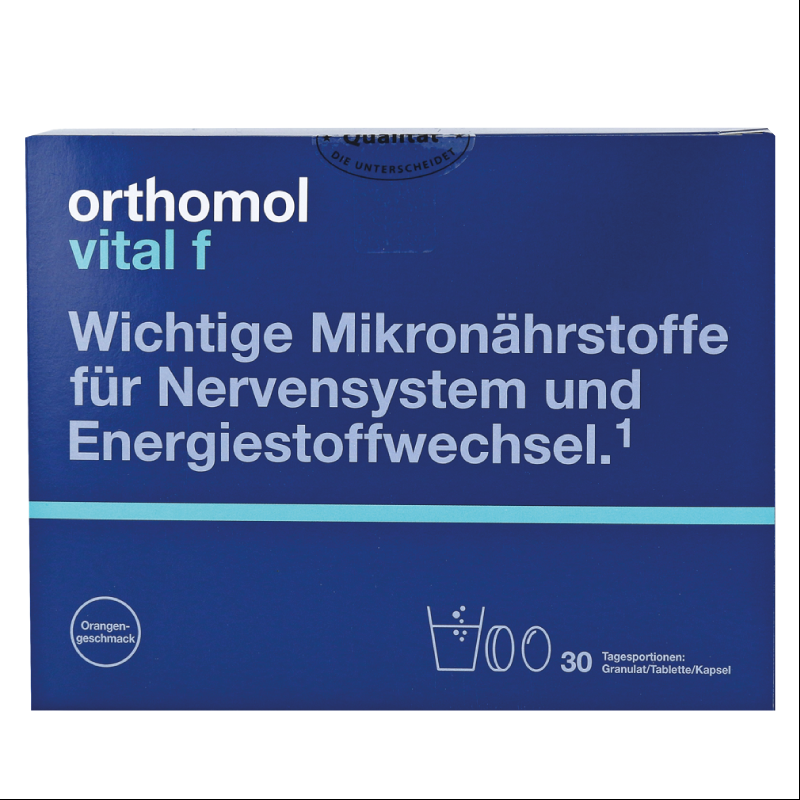 Orthomol Vital F гранулы + таблетки + капсулы с витаминами для женщин для защиты от стресса со вкусом апельсина, 30 дней