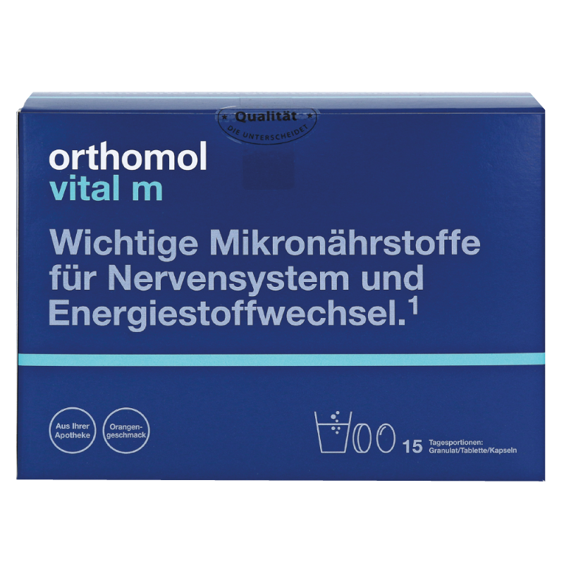 Orthomol Vital M гранули + таблетки + капсули з вітамінами для чоловіків для захисту від стресу зі смаком апельсина, 15 днів