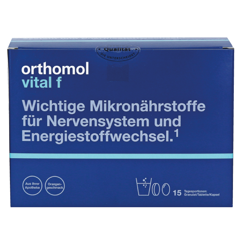 Orthomol Vital F гранулы + таблетки + капсулы с витаминами для женщин для защиты от стресса со вкусом апельсина, 15 дней