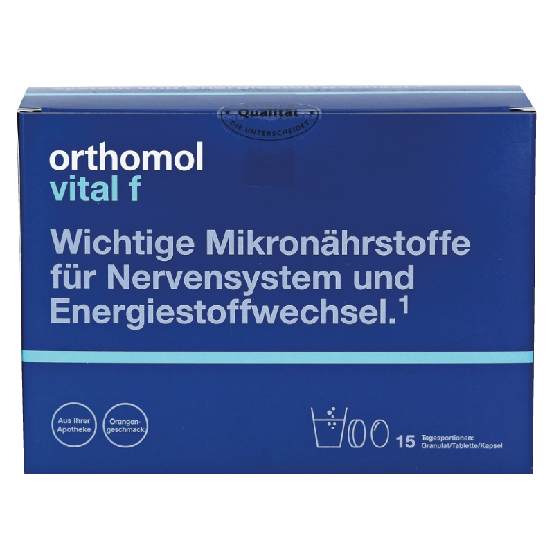 Orthomol Vital F гранули + таблетки + капсули з вітамінами для жінок для захисту від стресу зі смаком апельсину, 15 днів