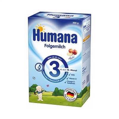 Купить Молочная сухая смесь Humana 3 с пребиотиками галактоолигосахаридами (ГОС) и яблоком 300 г в Украине: цена, инструкция, применение, отзывы